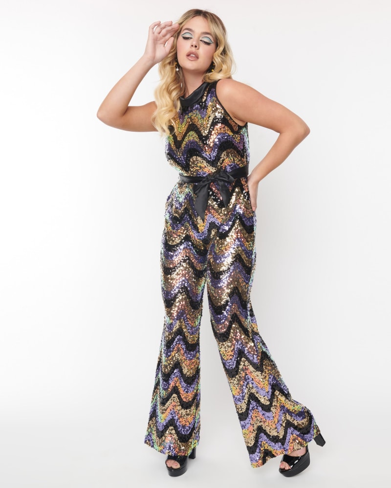 Front of a model wearing a size 4X Smak Parlour Multicolor Zig Zag Sequin Cowl Neck Jumpsuit in Multicolor Zig Zag Sequin by Smak Parlour. | dia_product_style_image_id:316879